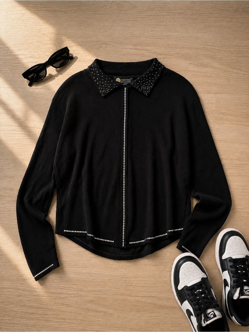 Christine Alexander Womens Large Black Rhinestone Zip Front Cardigan